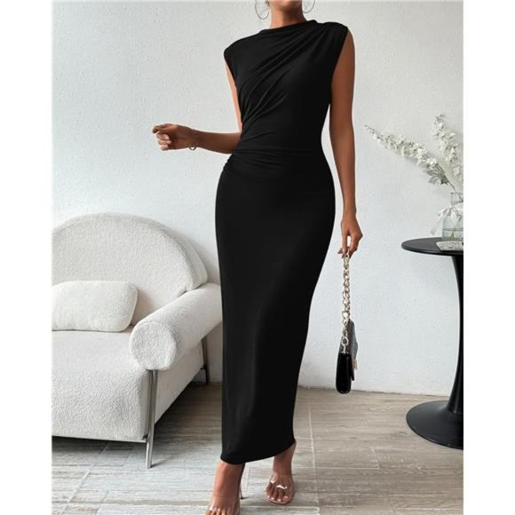BTFBM Women's Ruched Bodycon Dress Summer Casual Sleeveless Back Slit Elegant - Picture 3 of 7